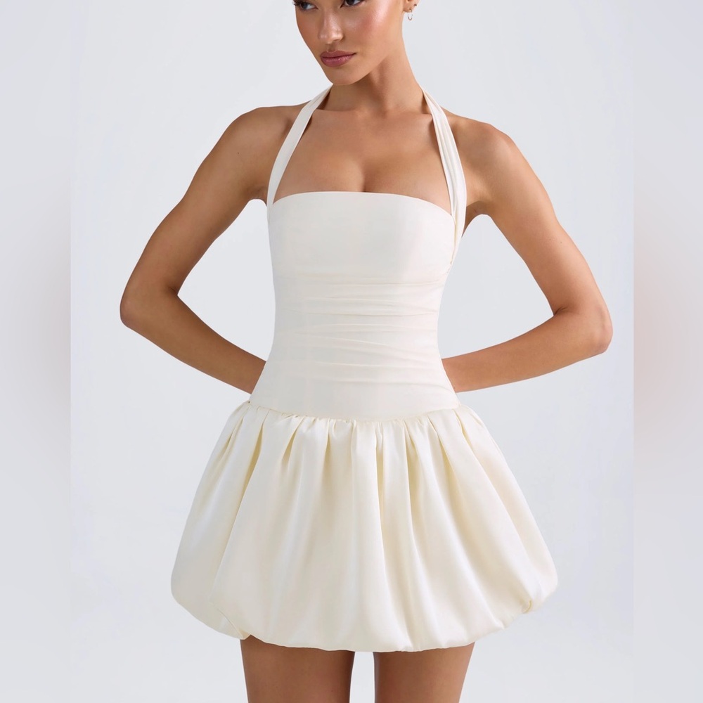 Oh Polly Halterneck Lace-Up Bubble Hem Corset Micro Mini Dress in Ivory